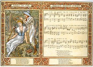 „Twas in the Merry Month of May”, Corydon kładzie wieniec kwiatów na głowie Phillidy, ilustracja do piosenki z „Pan-Pipes”, A Book of Old Songs, Newly Aranżacje iz akompaniamentami Theo. autorstwa Walter Crane